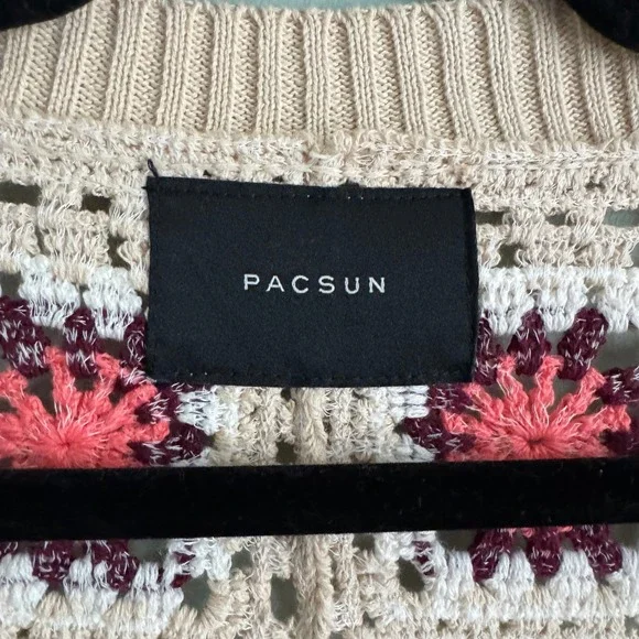 PacSun Womens Large Crochet Granny Square Cardigan Pink Tan Cotton Knit Sweater - Picture 2 of 13